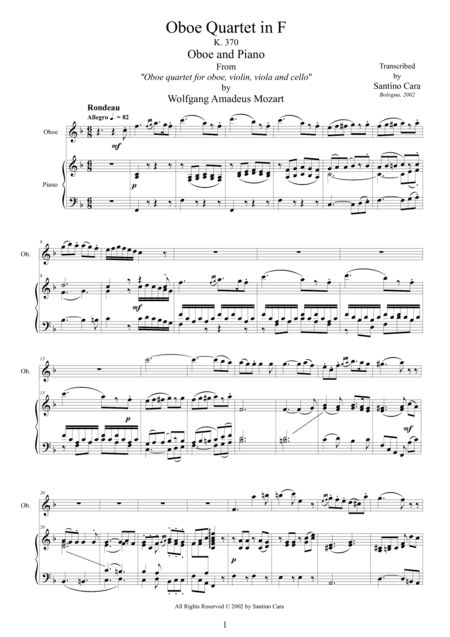 Mozart - Oboe quartet in F major K370 - 3 Rondeau - Oboe and Piano (arr. Santino Cara)