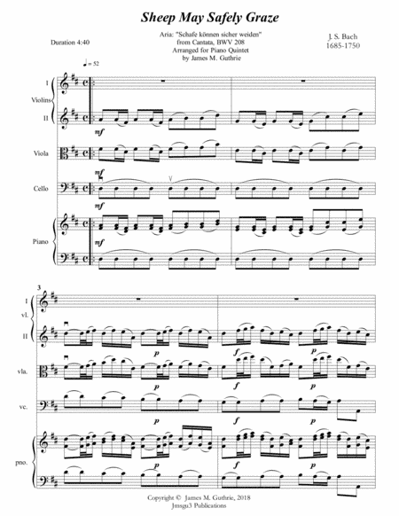 Bach: Sheep May Safely Graze for Piano Quintet (arr. James M. Guthrie, ASCAP)