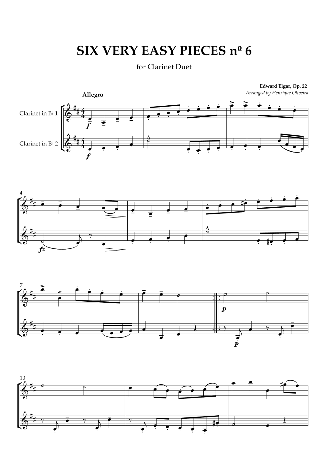 Six Very Easy Pieces nº 6 (Allegro) - Clarinet Duet (arr. Henrique Oliveira)
