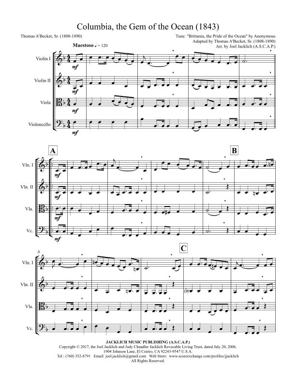 Columbia the Gem of the Ocean (String Quartet) (arr. Joel Jacklich (A.S.C.A.P.))