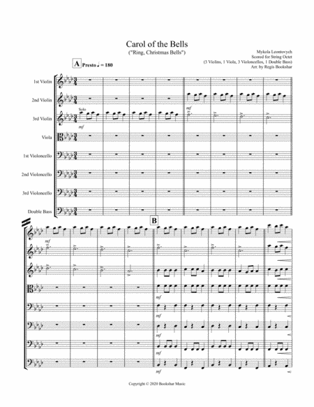Carol of the Bells (F min) (String Octet - 3 Violin, 1 Viola, 3 Cello, 1 Bass) (arr. Regis Bookshar)