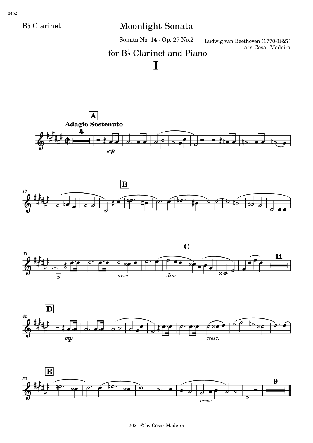 Moonlight Sonata by Beethoven 1 mov. - Bb Clarinet and Piano (Individual Parts) (arr. César Madeira)