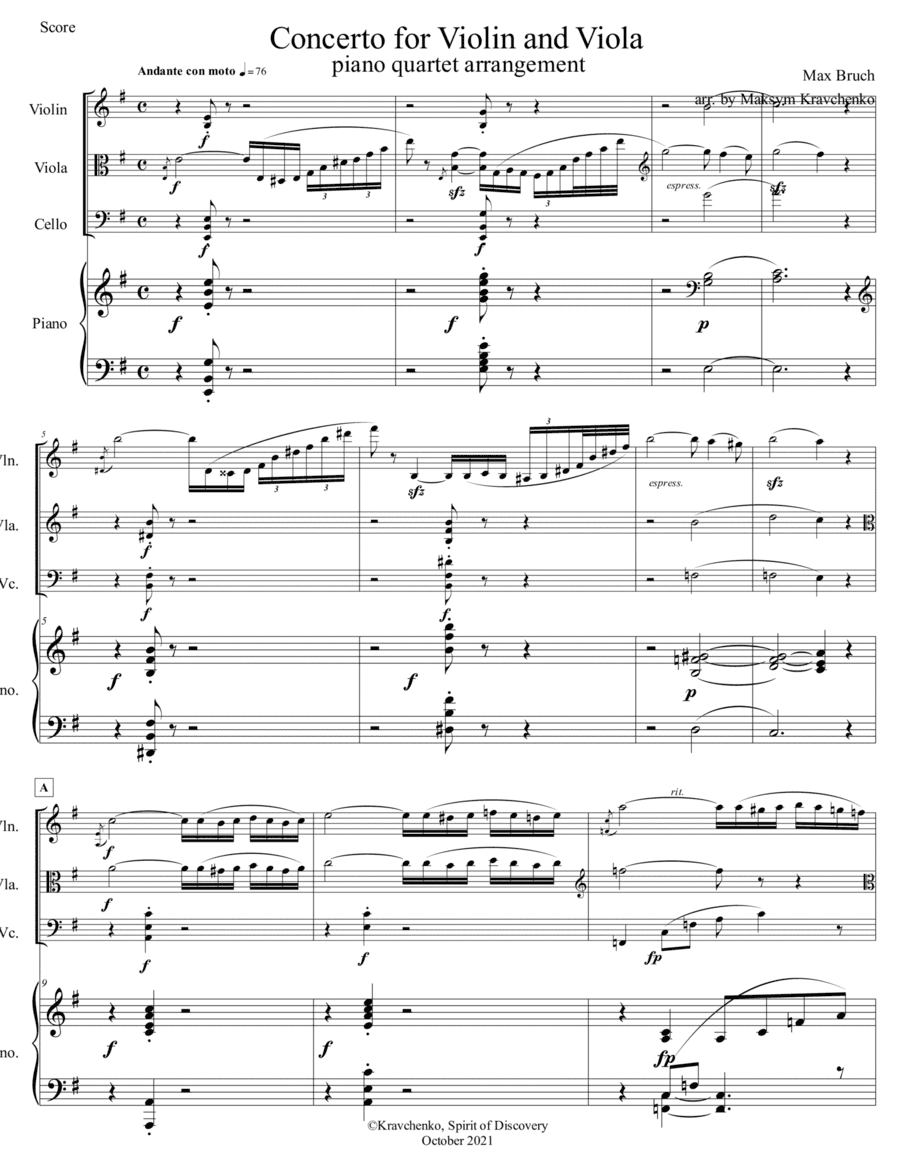 Max Bruch - Double Concerto in E minor, Op.88 arr. for piano quartet (arr. Maksym Kravchenko)