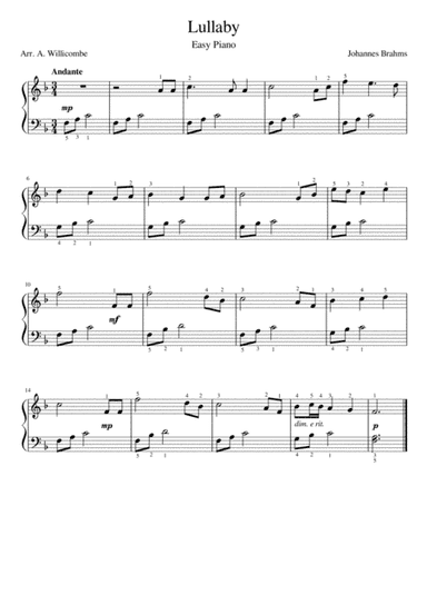 Brahms' Lullaby - Easy Piano (arr. A. Willicombe (Minstrel Cottage Studio))