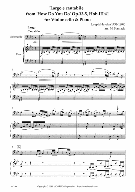 Largo e cantabile' from 'How Do You Do' Op.33-5, Hob.III:41 for Violoncello & Piano (arr. Kamada, Mikio)