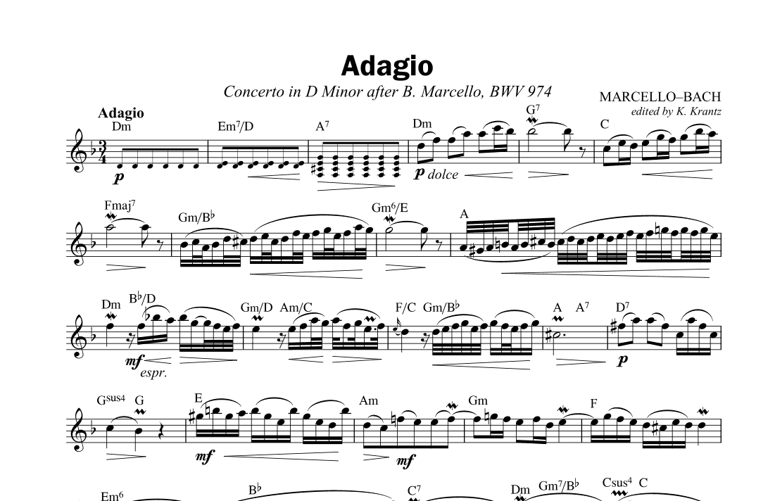 Adagio BWV 974 from Concerto in D Minor after Marcello, lead sheet with guitar chords (arr. K. Krantz)