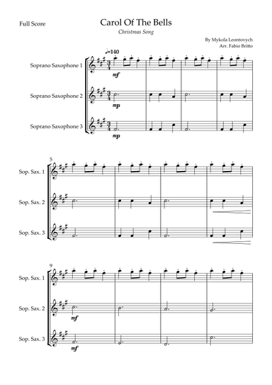 Carol Of The Bells (Christmas Song) for Soprano Saxophone Trio (arr. Fabio Britto)