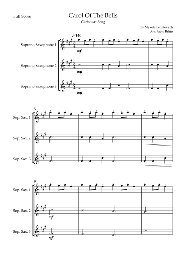 Carol Of The Bells (Christmas Song) for Soprano Saxophone Trio (arr. Fabio Britto)