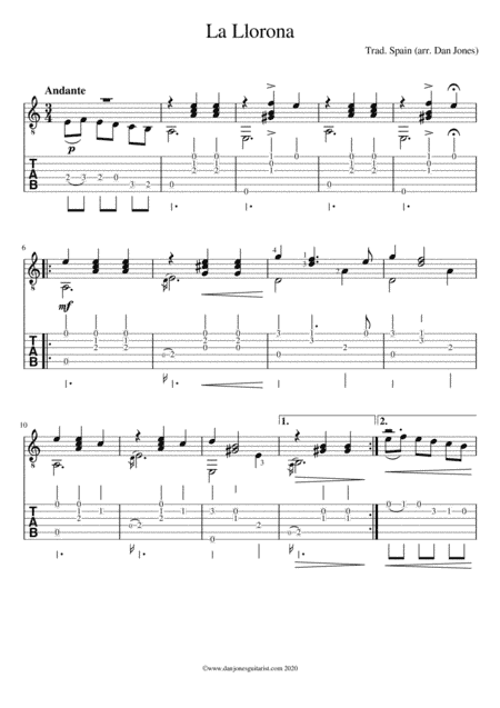 La Llorona for Beginner/Intermediate Guitar (arr. Dan Jones (www.danjonesguitarist.com))