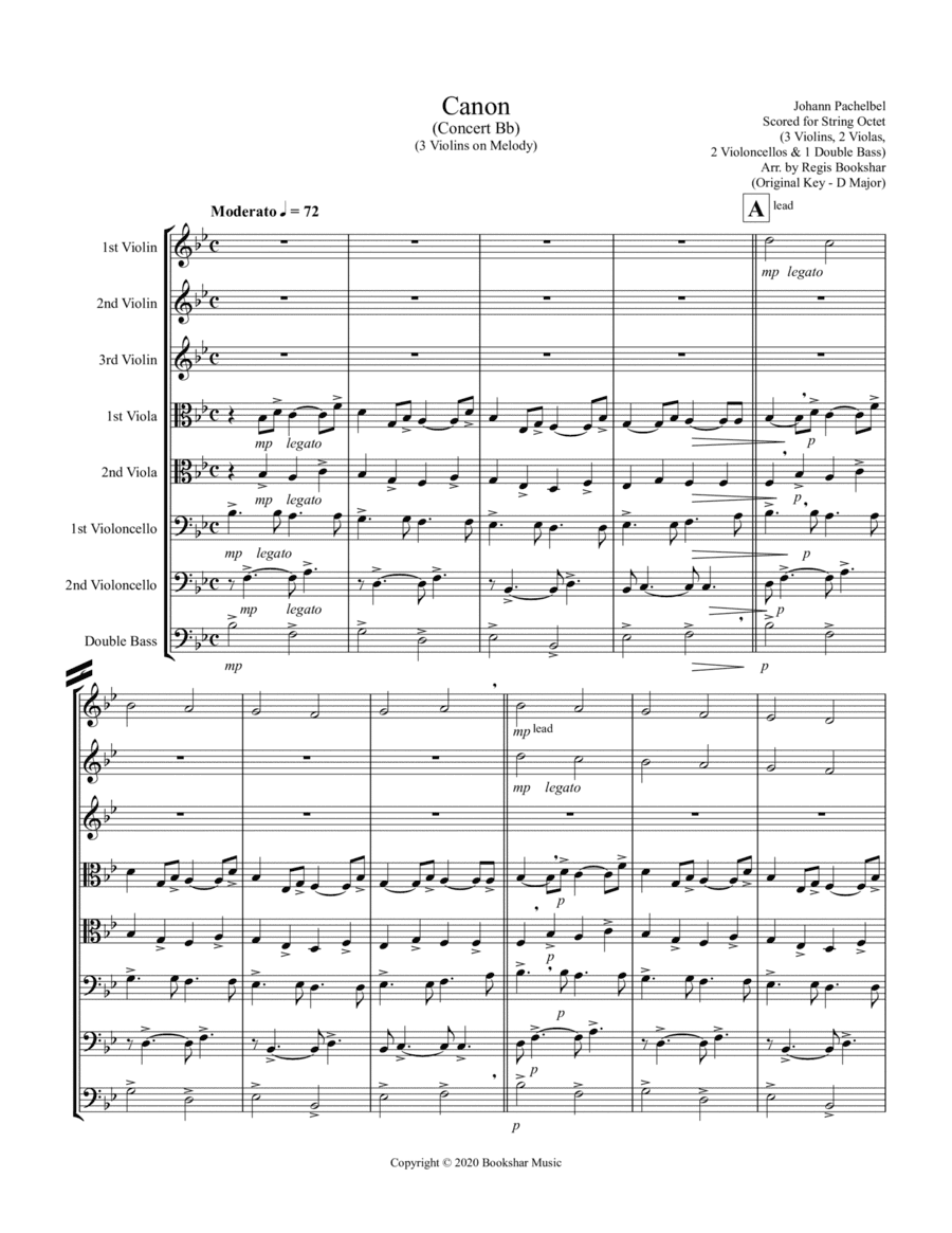 Canon (Pachelbel) (Bb) (String Octet - 3 Violin, 2 Viola, 2 Cello, 1 Bass) (3 Violin lead) (arr. Regis Bookshar)