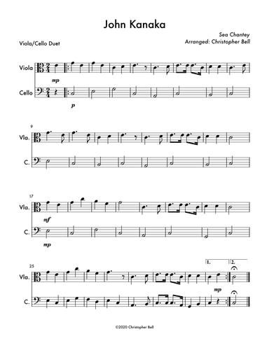 John Kanaka (Easy Viola/Cello Duet) (arr. Christopher Bell)