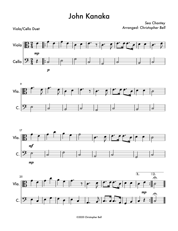 John Kanaka (Easy Viola/Cello Duet) (arr. Christopher Bell)