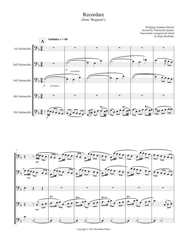 Recordare (from "Requiem") (F) (Violoncello Quintet) (arr. Regis Bookshar)