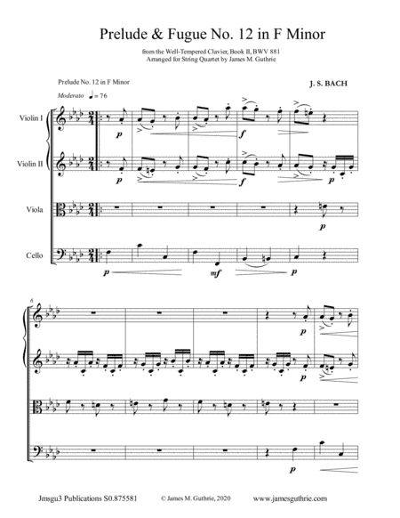 BACH: Prelude & Fugue No. 12 in F Minor, BWV 881 for String Quartet (arr. James M. Guthrie)