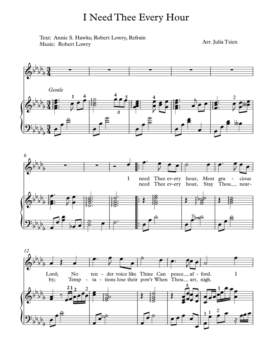 I Need Thee Every Hour, Tenor or Soprano (arr. julia tsien)