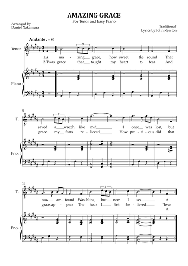Amazing Grace (for tenor vocal with easy piano) (arr. Daniel Nakamura)