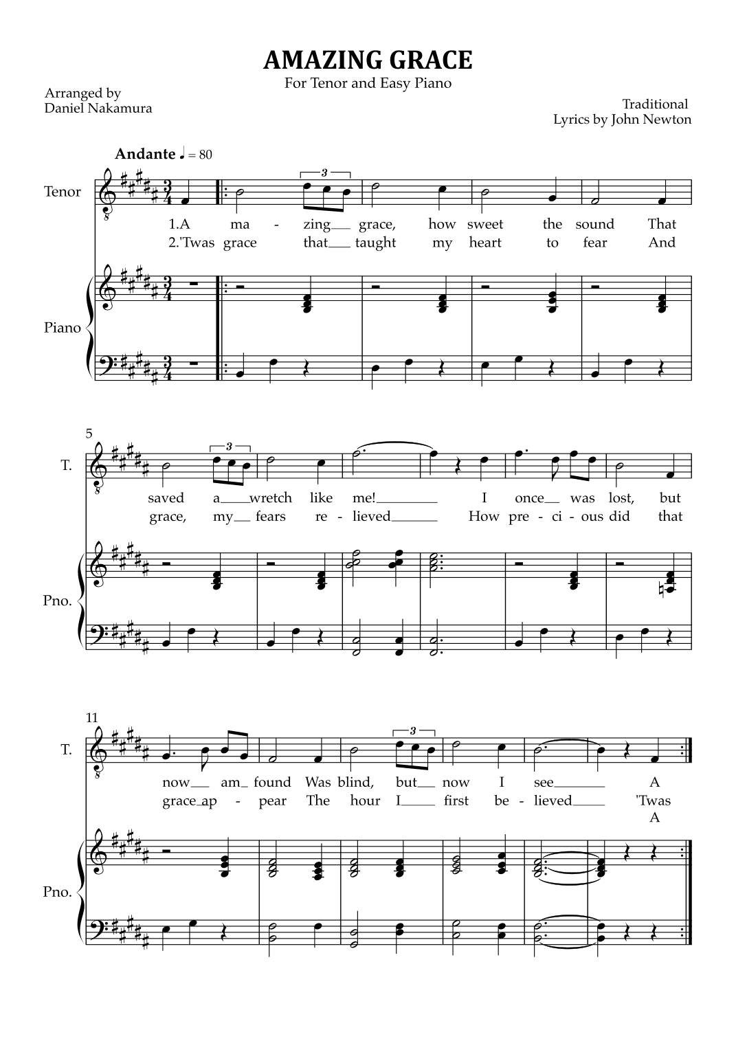 Amazing Grace (for tenor vocal with easy piano) (arr. Daniel Nakamura)