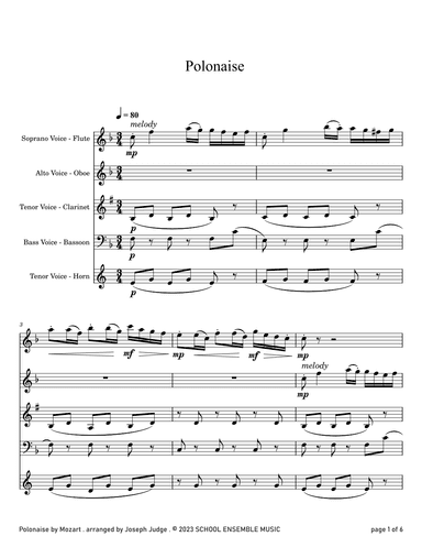 Polonaise by Mozart for Woodwind Quartet in Schools (arr. Joseph Judge)
