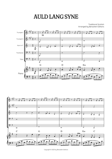 Auld Lang Syne • New Year's Anthem | Brass Quintet & Piano Accompaniment sheet music with chords (arr. Benzaiten Editions)