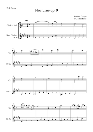 Nocturne Op.9 No. 2 (Frédéric Chopin) for Clarinet in A & Bass Clarinet in Bb Duo (arr. Fabio Britto)