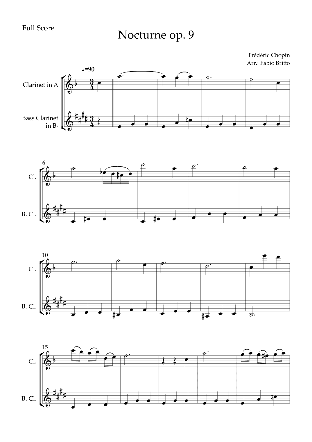 Nocturne Op.9 No. 2 (Frédéric Chopin) for Clarinet in A & Bass Clarinet in Bb Duo (arr. Fabio Britto)