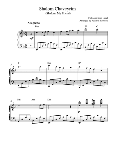 Shalom Chaveyrim (Shalom, My Friend) (for piano solo) (arr. Kaiserin Rebecca)