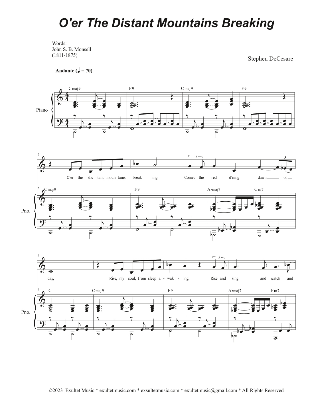 O'er The Distant Mountains Breaking (Unison choir - Medium Key)