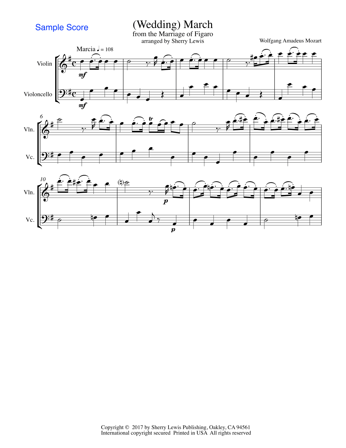 MARCH FROM THE MARRIAGE OF FIGARO, Mozart,   String Duo, Intermediate Level for violin and cello (arr. Sherry Lewis)