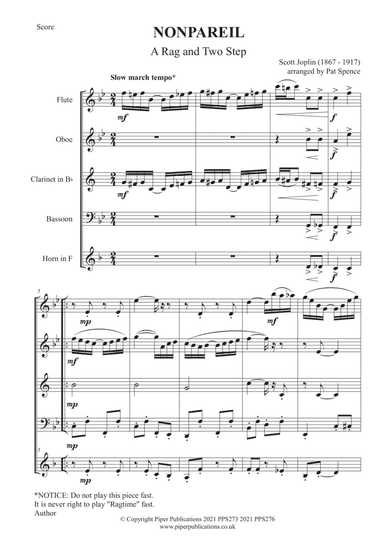 SCOTT JOPLIN: THE NONPAREIL FOR WOODWIND QUINTET (arr. Pat Spence)