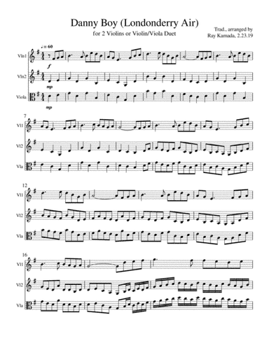 Etude for 2 Violins or Violin/Viola Duet, based on Danny Boy (Londonderry Air) (arr. Ray Kamada)