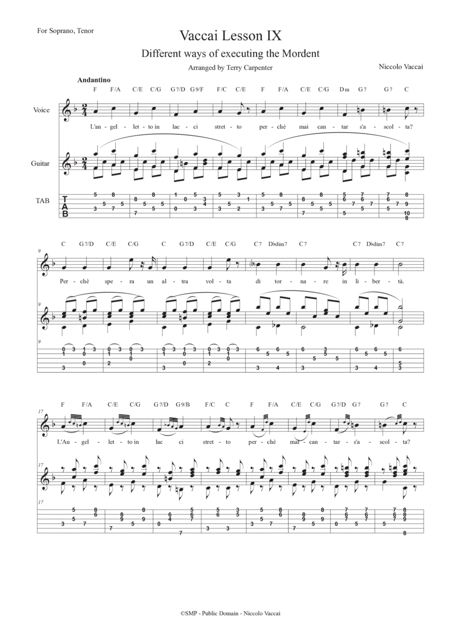 Vaccai - Lesson 09 The Mordent. Different ways. for tenor and soprano voice with guitar (arr. Terry Carpenter)
