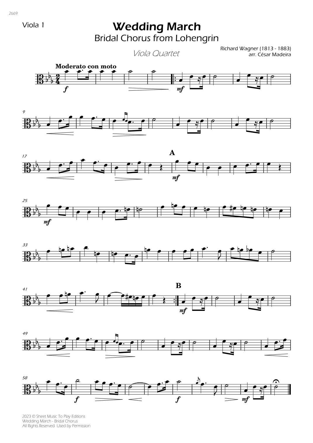 Wedding March (Bridal Chorus) - Viola Quartet (Individual Parts) (arr. César Madeira)