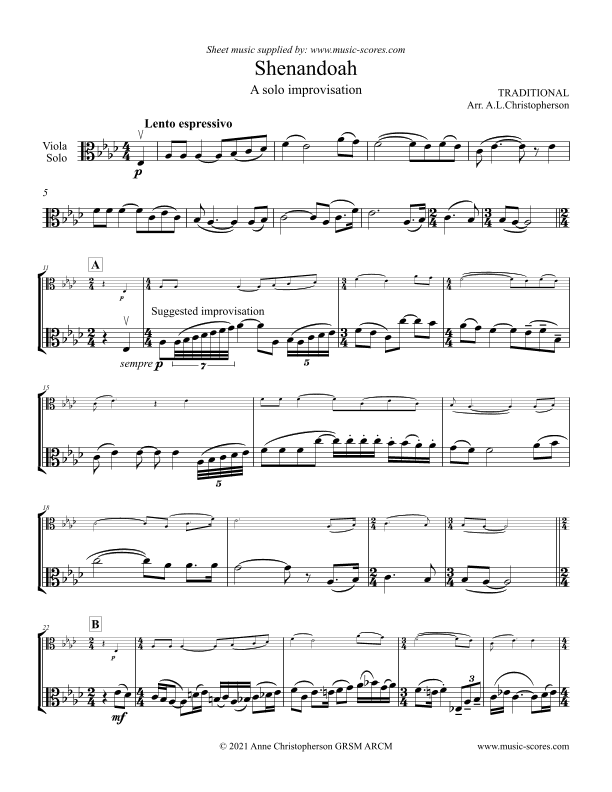 Shenandoah - Solo Viola (arr. Anne L Christopherson GRSM ARCM)