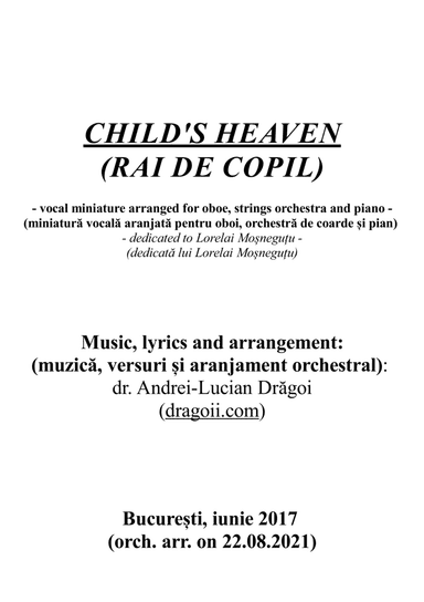 Rai de copil (Child's heaven) - vocal miniature arranged for oboe, strings orchestra and piano