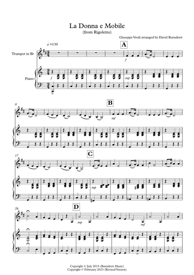 La Donna e Mobile (from Rigoletto) for Trumpet and Piano (arr. David Burndrett)