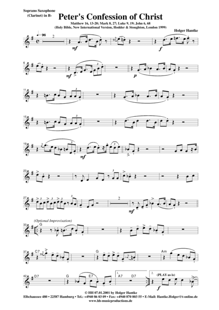 Peter's Confession of Christ (Instrumental Parts - SS (Cl) or AS + Bass)