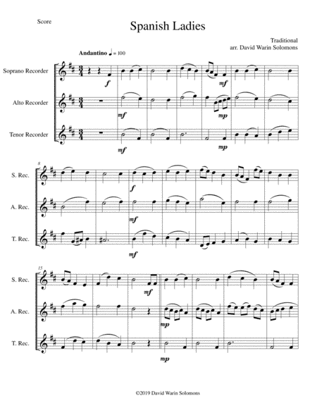 Spanish Ladies for recorder trio (soprano, alto, tenor) (arr. David Warin Solomons)
