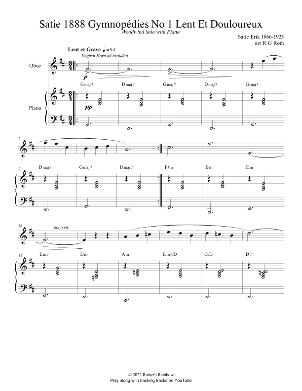 Satie 1888 Gymnopédies No 1 Lent Oboe or English Horn Solo (arr. R G Roth)