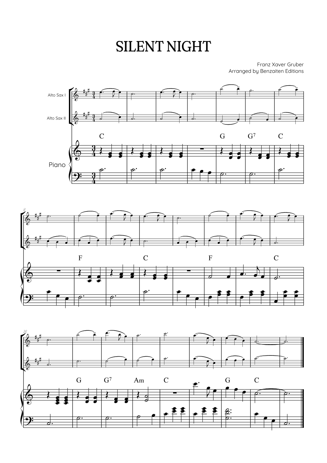 Silent Night for alto sax duet with piano accompaniment • easy Christmas song sheet music (chords) (arr. Benzaiten Editions)