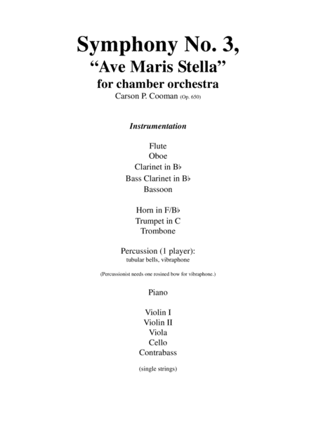 Carson Cooman: Symphony No. 3, "Ave Maris Stella" (2005) for chamber orchestra, score only