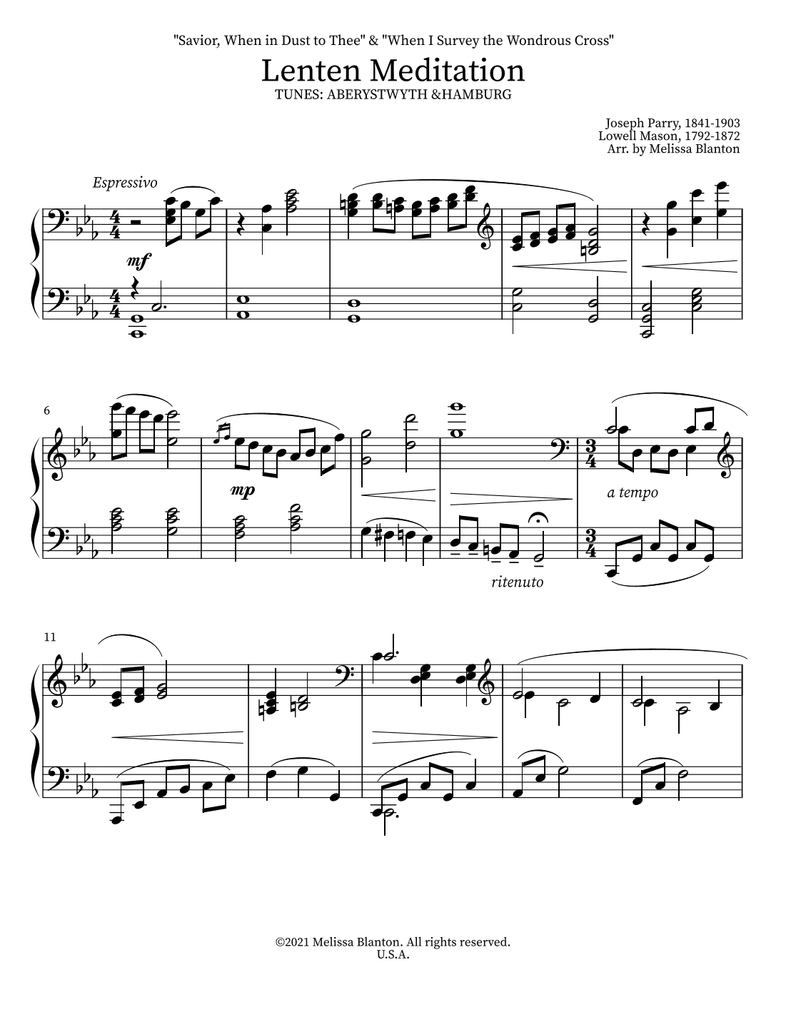 Lenten Meditation for Solo Piano (arr. Melissa Blanton)