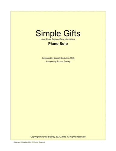 Simple Gifts Piano Solo Intermediate level (arr. Rhonda Bradley)