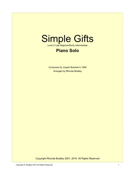 Simple Gifts Piano Solo Intermediate level (arr. Rhonda Bradley)