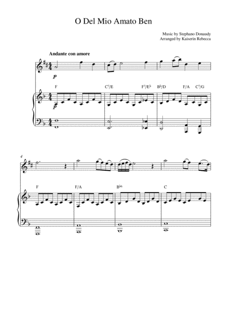 O Del Mio Amato Ben (for alto saxophone solo and piano accompaniment) (arr. Kaiserin Rebecca)