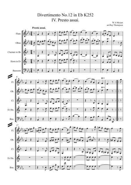 Mozart: Divertimento No.12 in Eb K252 Mvt.IV Presto assai - wind quintet (arr. Ray Thompson)