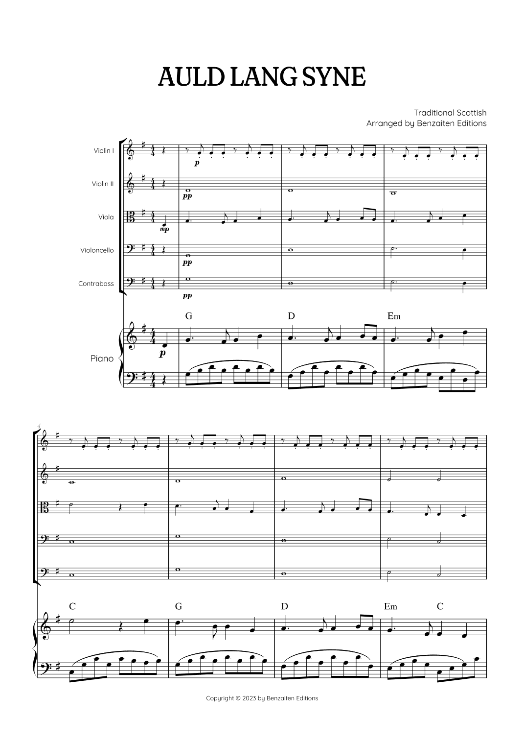 Auld Lang Syne • New Year's Anthem | String Quintet & Piano Accompaniment sheet music with chords (arr. Benzaiten Editions)