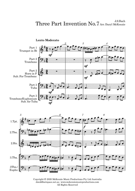 Bach Three Part Invention No.7 for Brass Trio (arr. Daryl McKenzie)