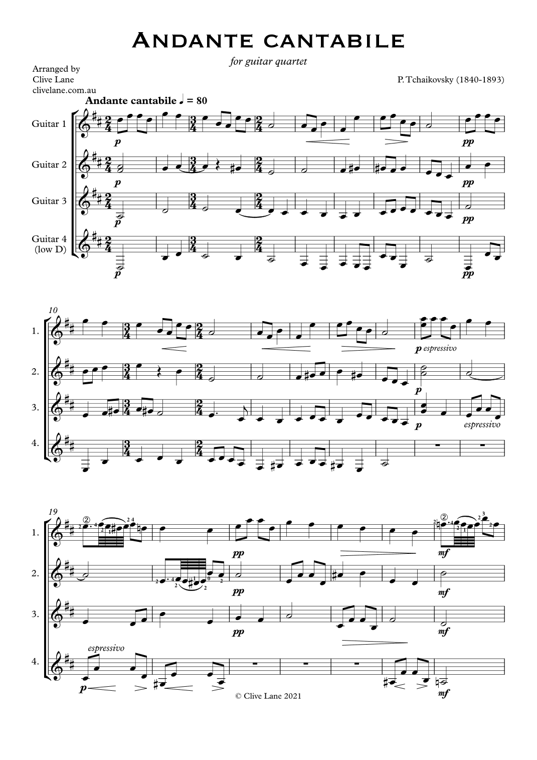 Andante Cantabile for guitar quartet/orchestra (arr. Clive Lane)