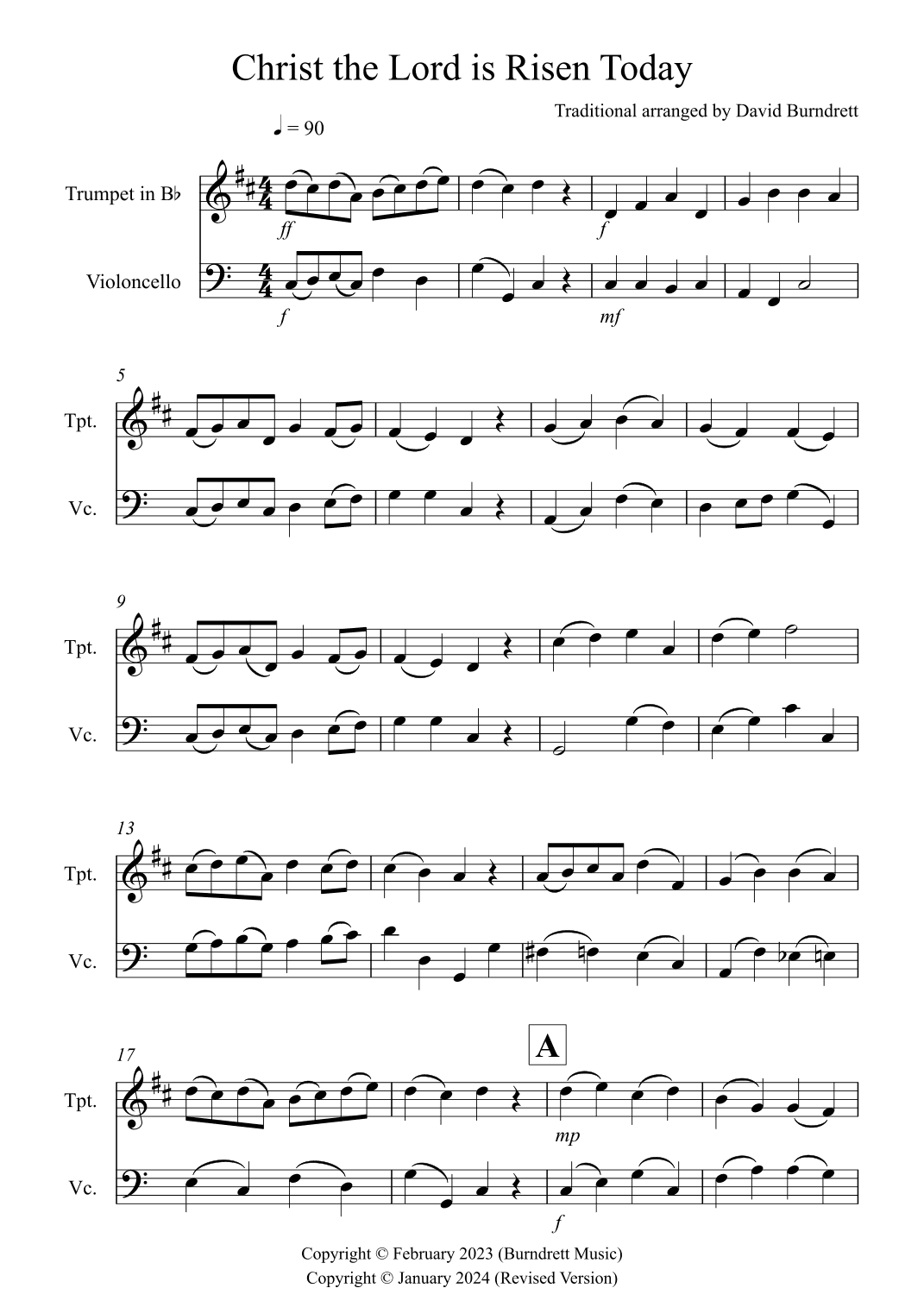 Christ the Lord is Risen Today for Trumpet and Cello Duet (arr. David Burndrett)