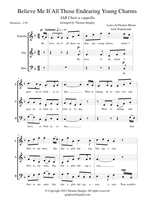 Believe Me If All Those Endearing Young Charms ( SAB A Cappella) (arr. Thomas Quigley)